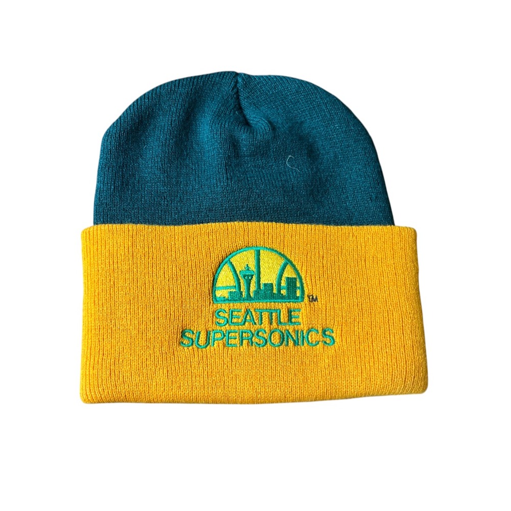 VTG STARTER SWEATER BEANIE HAT CAP Seattle Supersonics GREEN/GOLD ‼️One Hole‼️